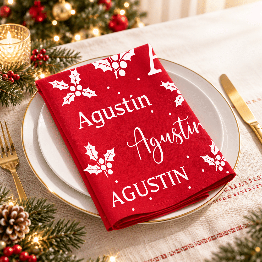 Personalized Christmas Theme Pattern 100% Cotton Reusable Red Napkin with Word Cloud Name Table Decor Christmas Gift for Family Friend 4