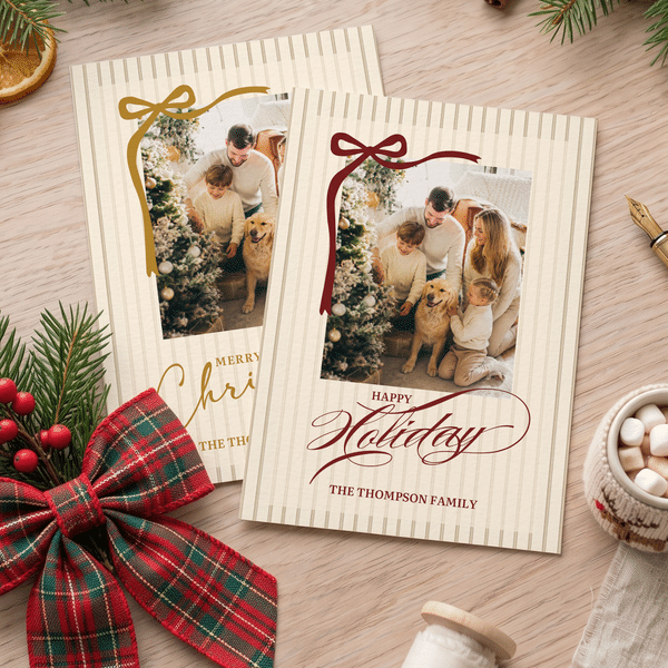 Personalised Bowknot Merry Christmas Photo Greeting Card with Text and Family Name Holiday Use Christmas Gift for Friends Family