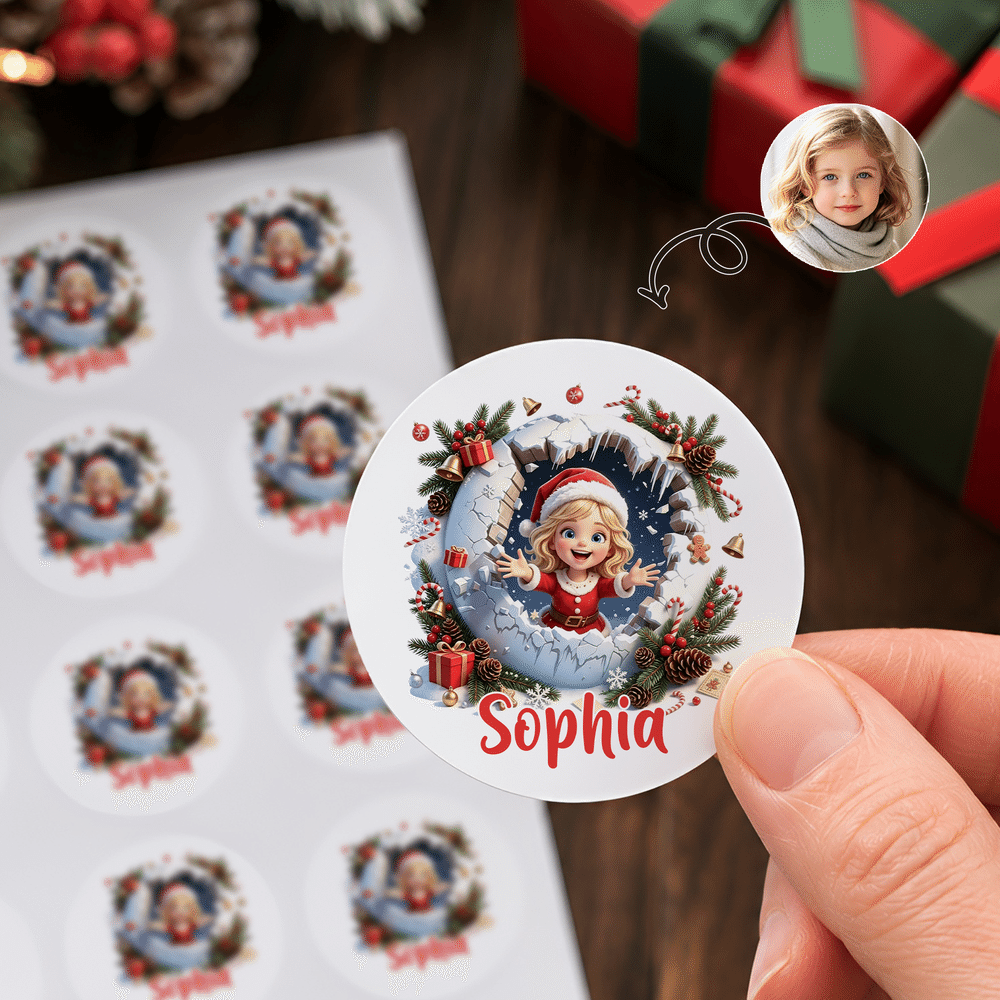 Pegatinas navideñas personalizadas con diseño artístico y efecto 3D, con nombre, para decoración de fiestas; regalo de Navidad para niños, familiares y amigos 6