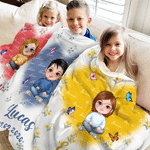 Individuell gestaltete, niedliche Kuscheldecke mit Cartoon-Figur und Geburtsblume, mit Namen – Wohnaccessoire, Geburtstags- und Weihnachtsgeschenk für Familie, Freunde und Kinder