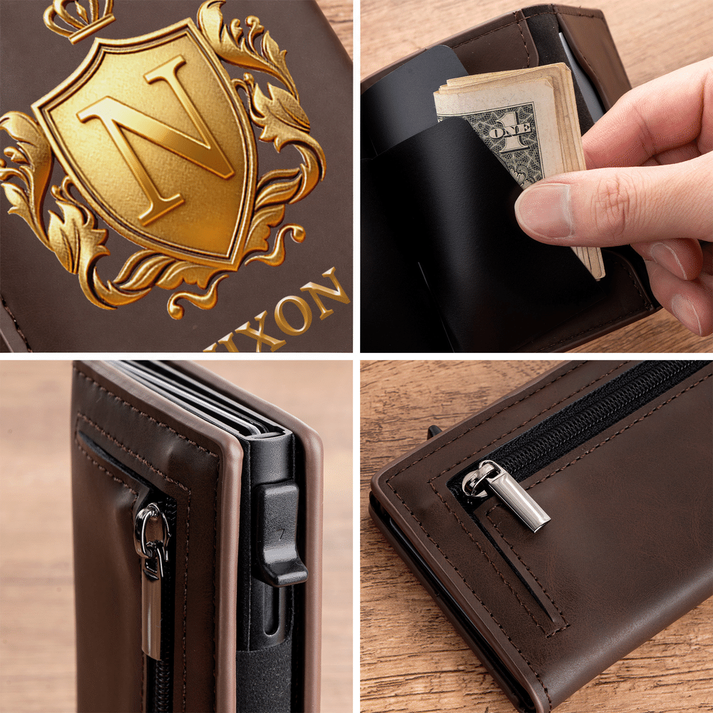 Personalized 3D-Effect Artwork Crown Shield PU Leather RFID Blocking Pop Up Wallet with Name and Card Slots Business Trip Christmas Gift for Man 4