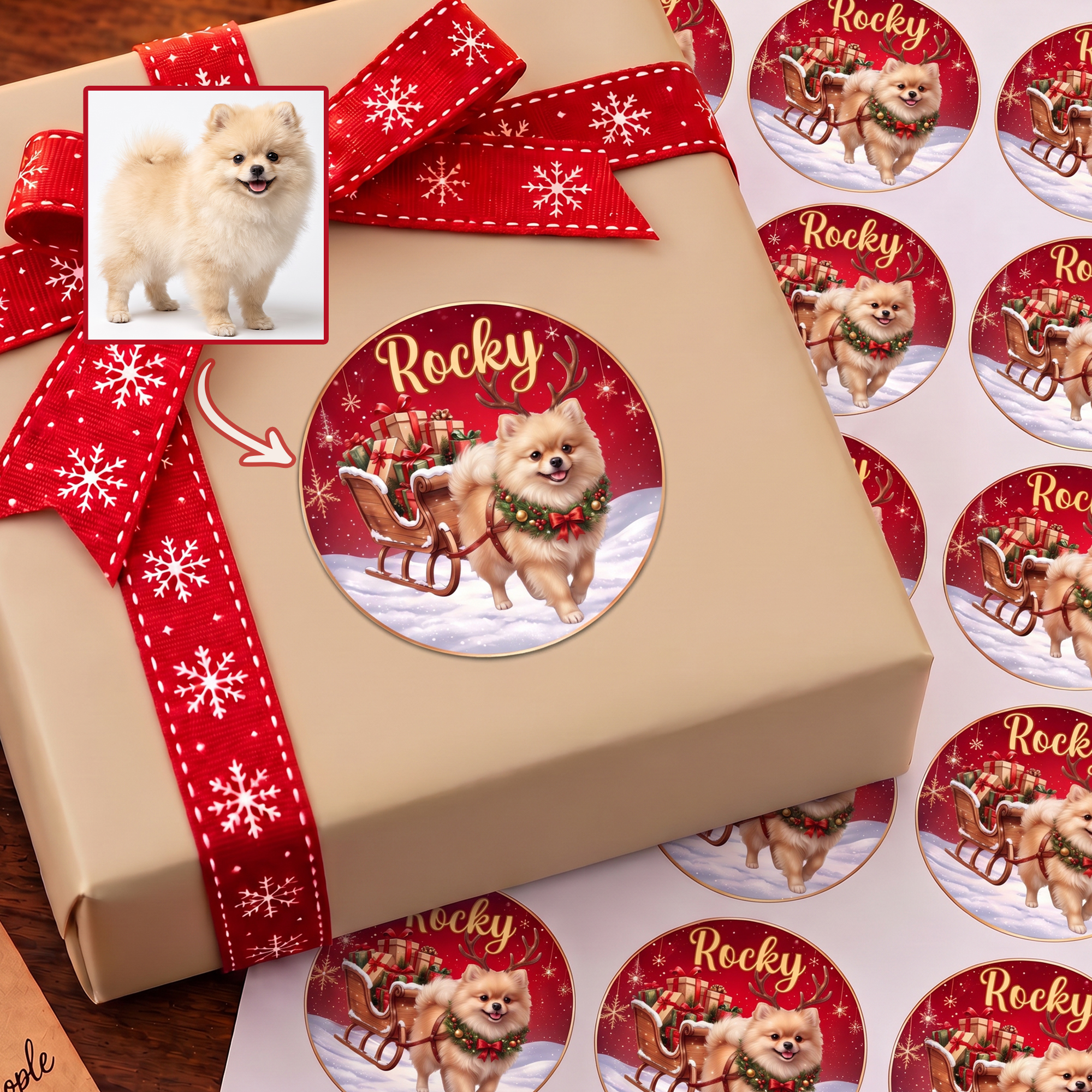 Individuell gestaltete, wasserfeste Weihnachts-Aufkleber mit Cartoon-Motiv und Haustierfoto sowie Namen – Festtagsgeschenk für Tierliebhaber