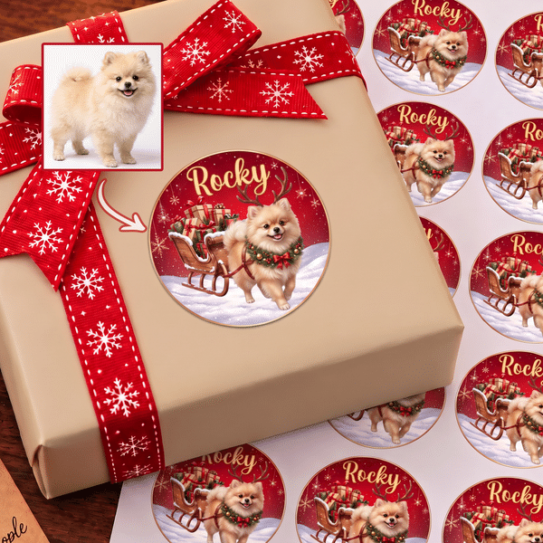 Personalized Christmas Cartoon Pet Photo Waterproof Stickers with Name Festival Party Christmas Gift for Pet Owner Lover