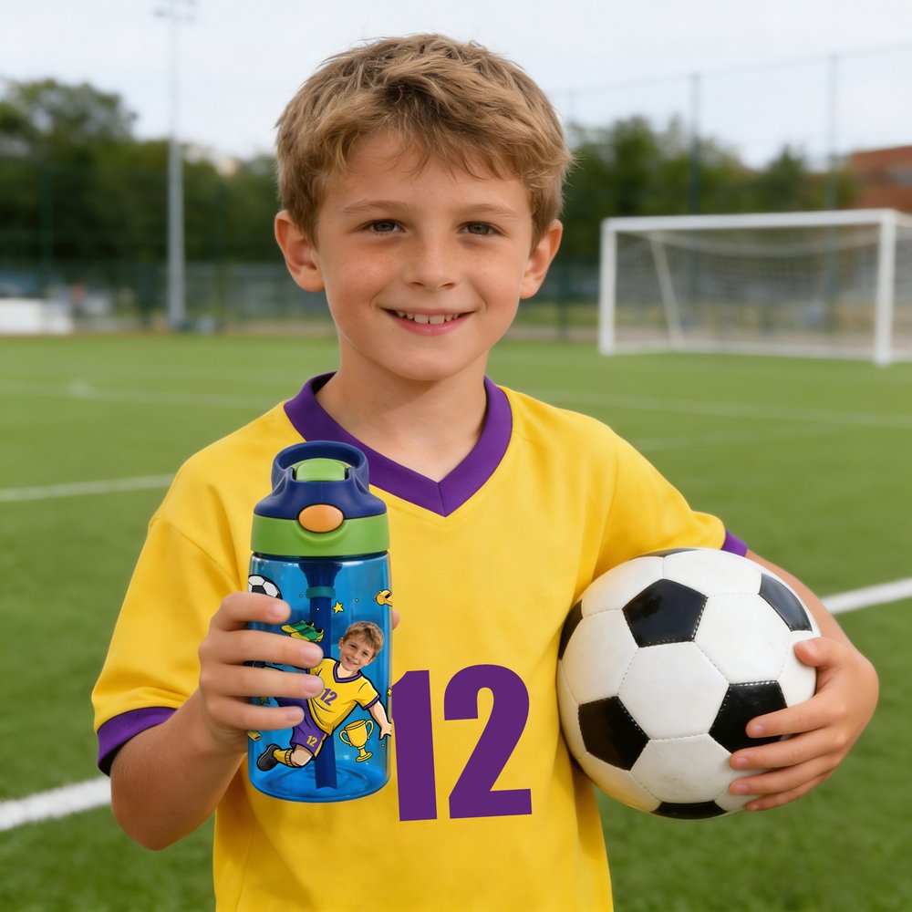 Personlig tecknad fotbollsfigur ansikte foto namn 16 oz vattenflaska med silikonsugrör och handtag födelsedag tillbaka till skolan present till pojkar flickor 5
