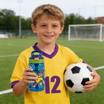 Personlig tecknad fotbollsfigur ansikte foto namn 16 oz vattenflaska med silikonsugrör och handtag födelsedag tillbaka till skolan present till pojkar flickor 5