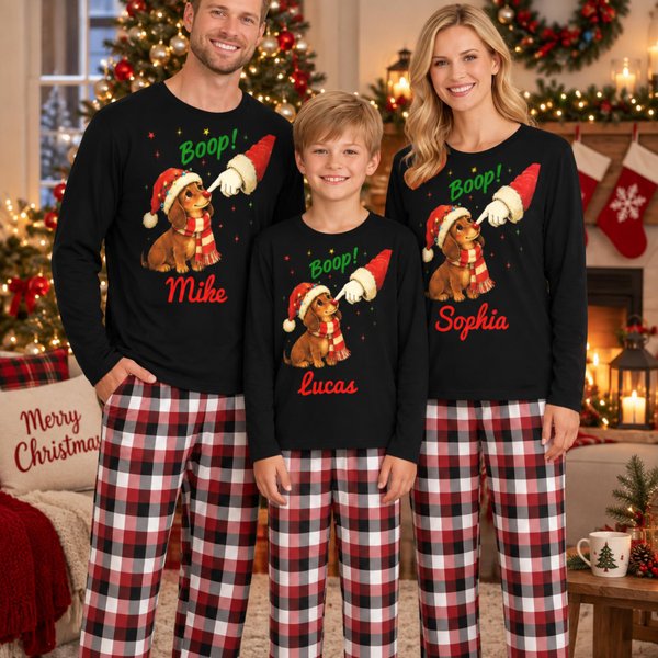 Personalized Christmas Dachshund Plaid Soft Long-Sleeve Pajama Set with Name Home Wear Christmas Gift for Dog Lovers Family