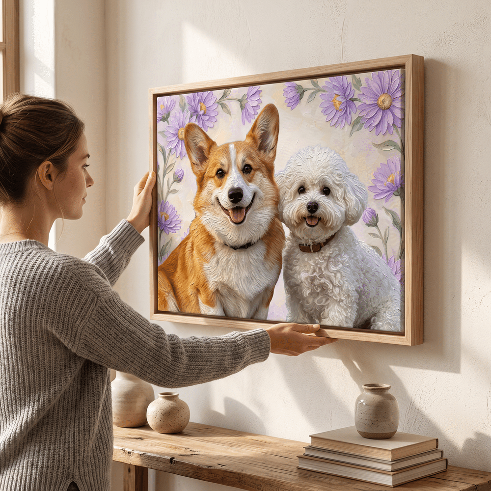 Tablesau sur toile personnalisé représentant votre animal de compagnie, réalisé dans le style d'une peinture à l'huile avec sa fleur de naissance et son nom – Décoration d'intérieur et cadeau d'anniversaire pour les propriétaires d'animaux de compagnie 3