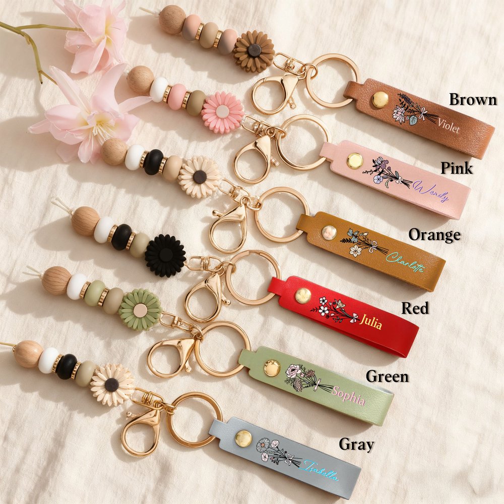 Personalised Birth Flower PU Leather Keyring with Name and Daisy Bead Charm Birthday Wedding Party Gift for Family Besties 3