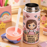 Botella térmica personalizada de 12 oz con foto infantil en estilo pixel art, con pajita y asa. Regalo para la vuelta al cole, cumpleaños o Navidad, para niños y niñas