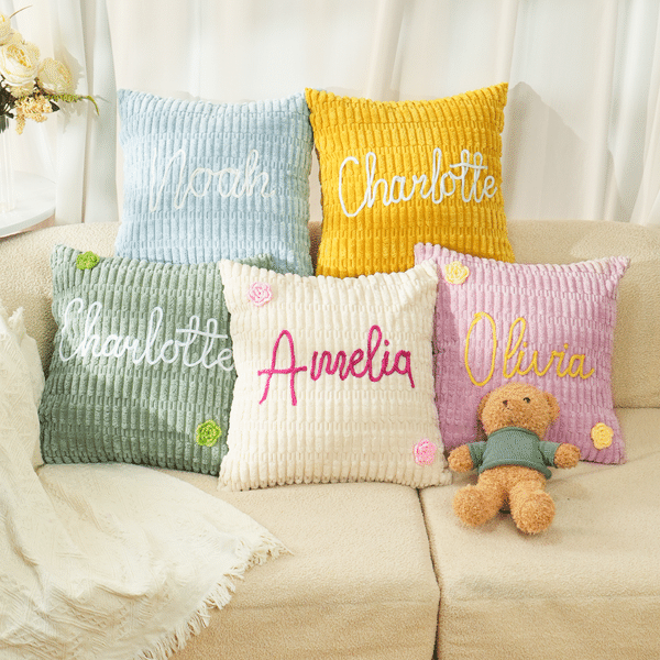 Personalized Flower Accessory Name Soft Corduroy Throw Pillow Home Bedroom Decor Birthday Gift for Women Girls