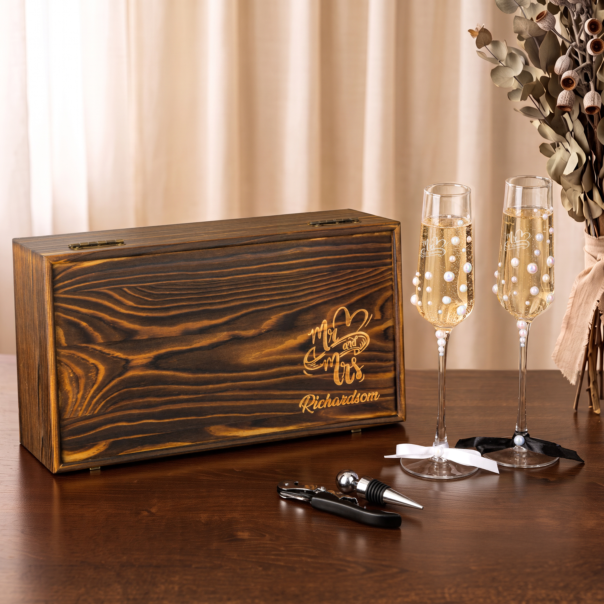 Personalisierte Hochzeitsgläser mit Perlenmotiv, 7,5 oz, Champagnergläser, 2er-Set mit Schleife und Geschenkbox – Hochzeitsgeschenk zum Hochzeitstag für frischvermählte Paare