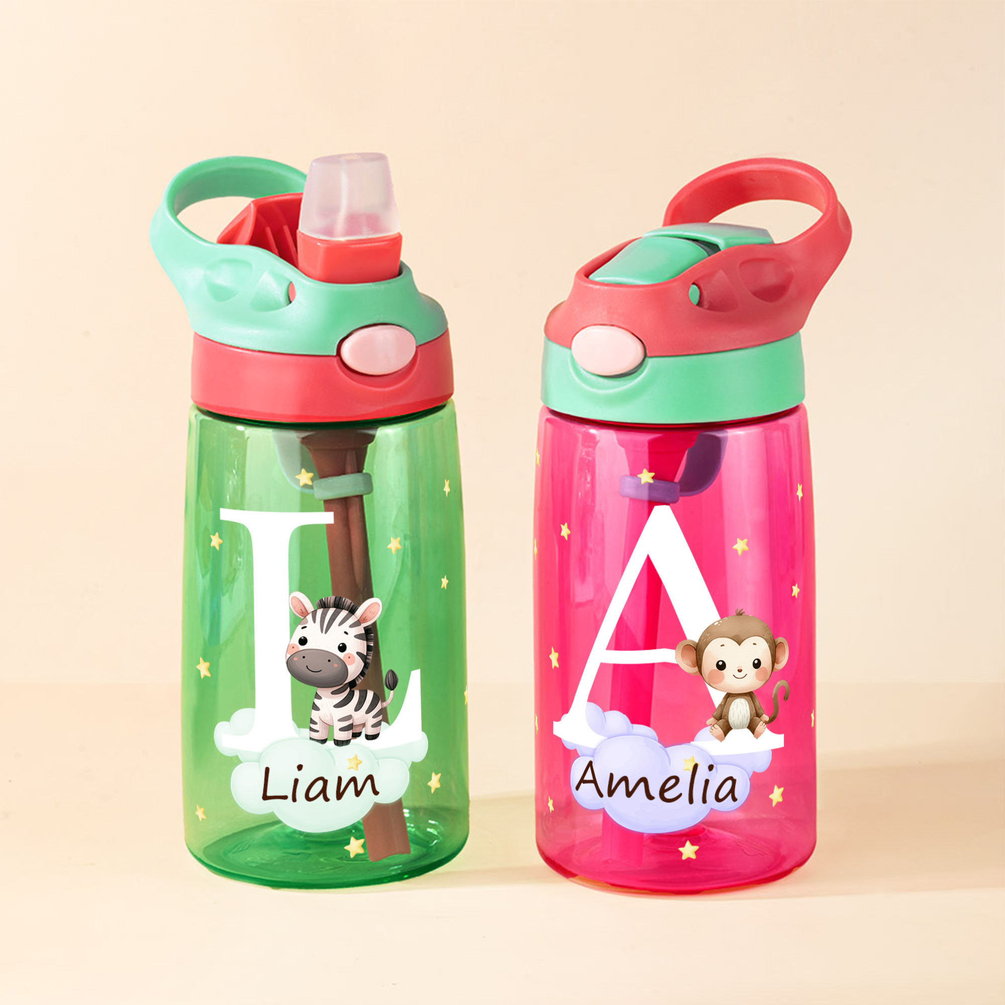 Personalisierte Waldtier Kinder-Wasserflasche 475 ml | mit Strohhalm und Namen | Geburtstag Schulanfang Geschenk für Jungen Mädchen