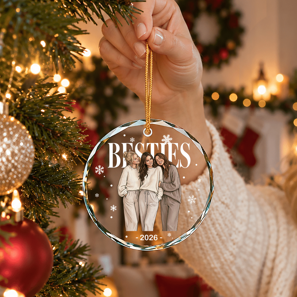 Personalized Comic Style Photo Glass Ornament with Text and Year Home Decor Christmas Gift for Family Besties Friends 3
