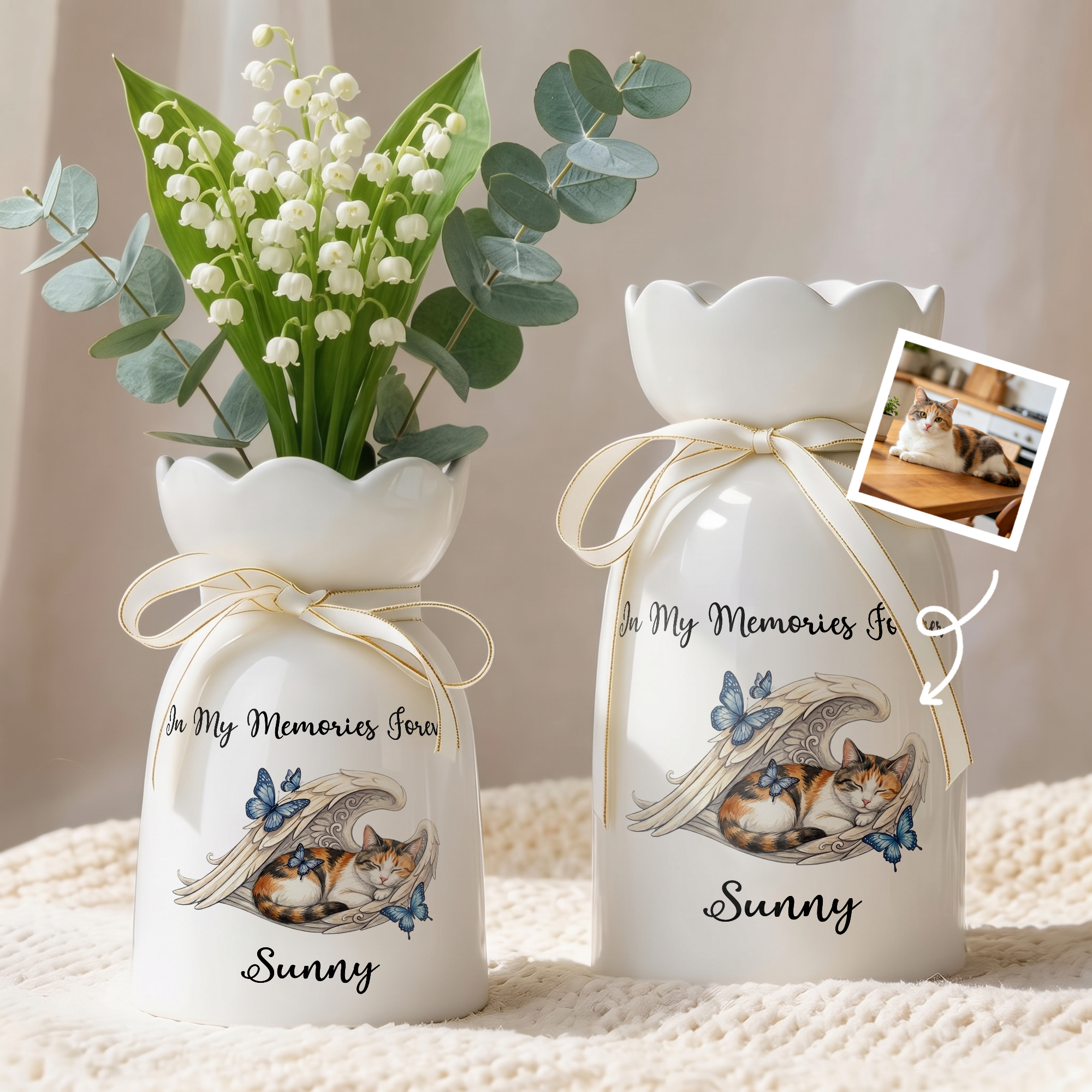 Personalisierte Keramikvase mit Aquarell-Engelsflügeln und Foto des Haustiers, mit Namen und Titel – Wohnaccessoire, Gedenk- und Beileidsgeschenk für Haustierbesitzer