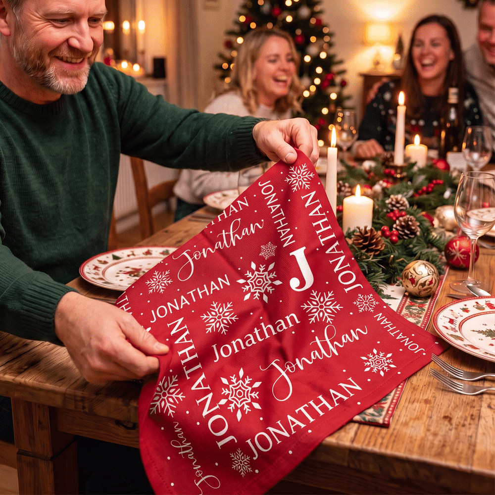 Personalized Christmas Theme Pattern 100% Cotton Reusable Red Napkin with Word Cloud Name Table Decor Christmas Gift for Family Friend 5