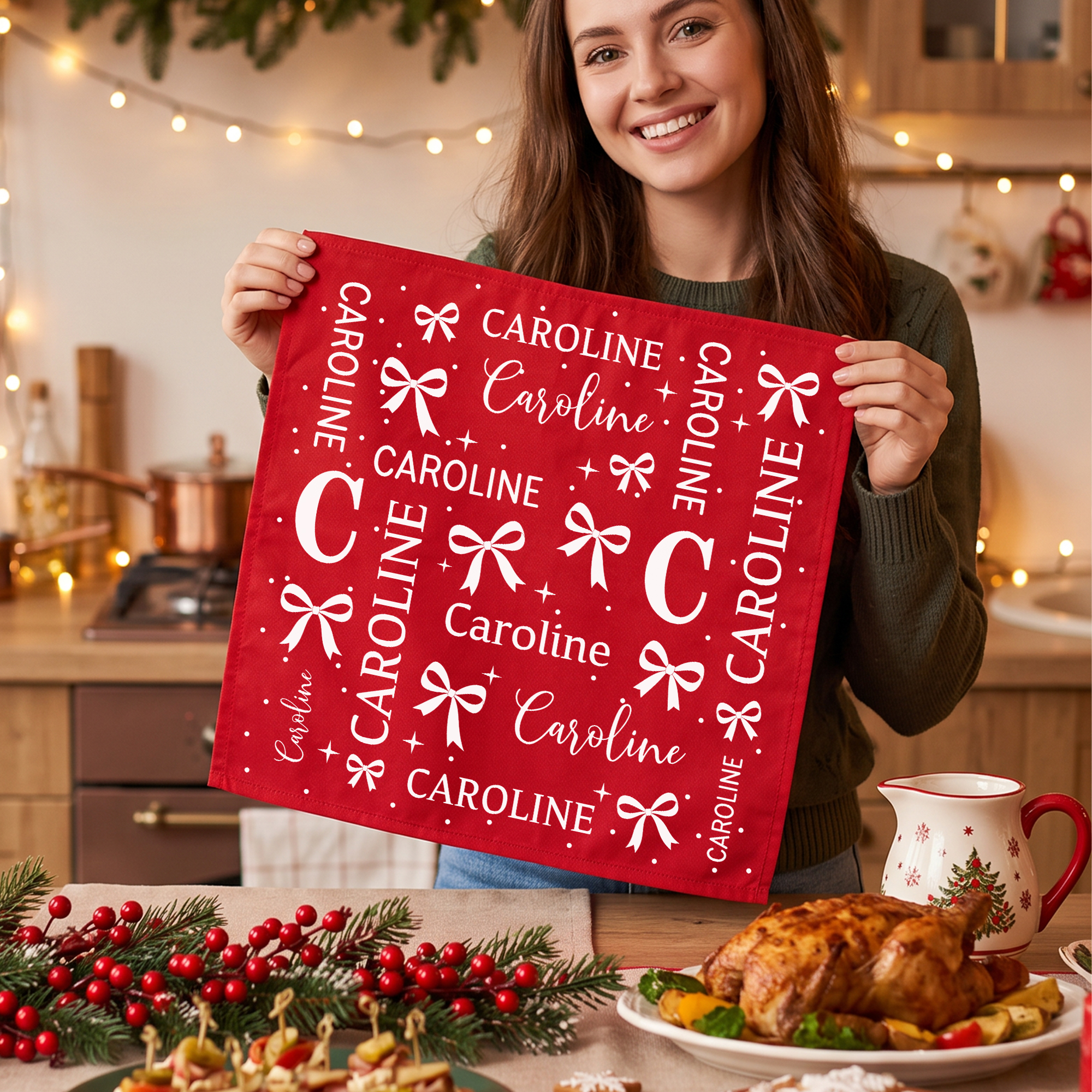 Individuell gestaltete Serviette im Weihnachtsdesign aus 100 % Baumwolle, wiederverwendbar, rot, mit Namens-Wortwolke – Tischdekoration, Weihnachtsgeschenk für Familie und Freunde