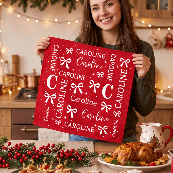 Personalized Christmas Theme Pattern 100% Cotton Reusable Red Napkin with Word Cloud Name Table Decor Christmas Gift for Family Friend