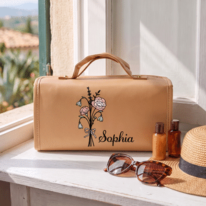 Trousse de maquillage personnalisée en cuir PU, imperméable, avec la fleur de naissance et le prénom – Idéale pour les voyages, cadeau d'anniversaire ou de Noël pour une amie, une maman ou une petite amie