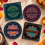 Gepersonaliseerde keramische onderzetter met Diwali-thema, in de vorm van een mandala, cirkel of vierkant, met naam – een Diwali-cadeau voor dagelijks gebruik voor familie en vrienden