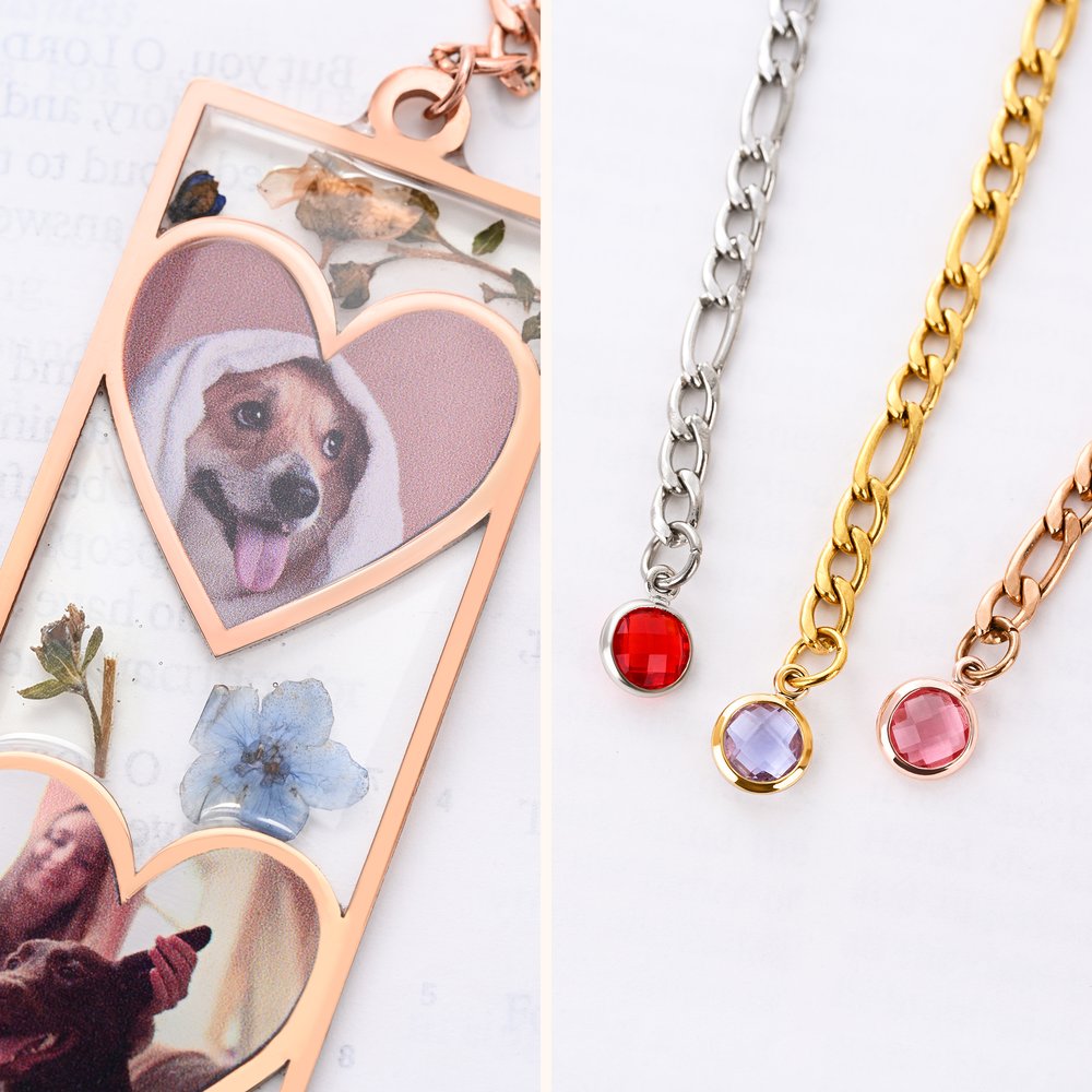 Personalized 1-3 Heart Photos Dried Flower Resin Bookmark with Birthstone Daily Use Birthday Christmas Gift for Pet Owner Bookworm 4
