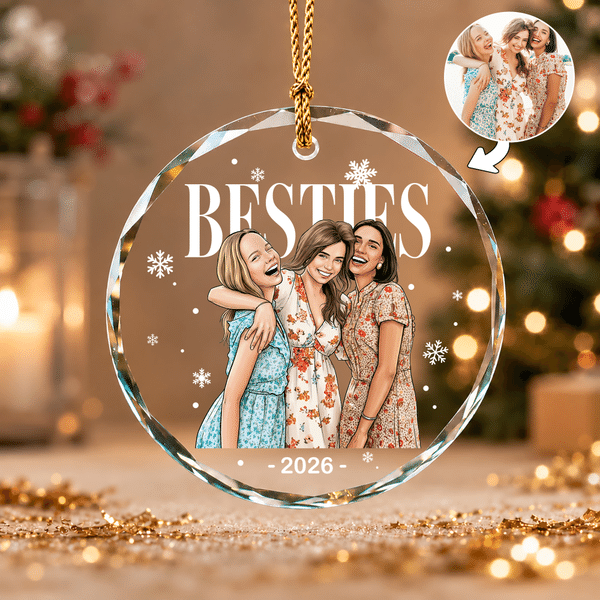 Personalized Comic Style Photo Glass Ornament with Text and Year Home Decor Christmas Gift for Family Besties Friends