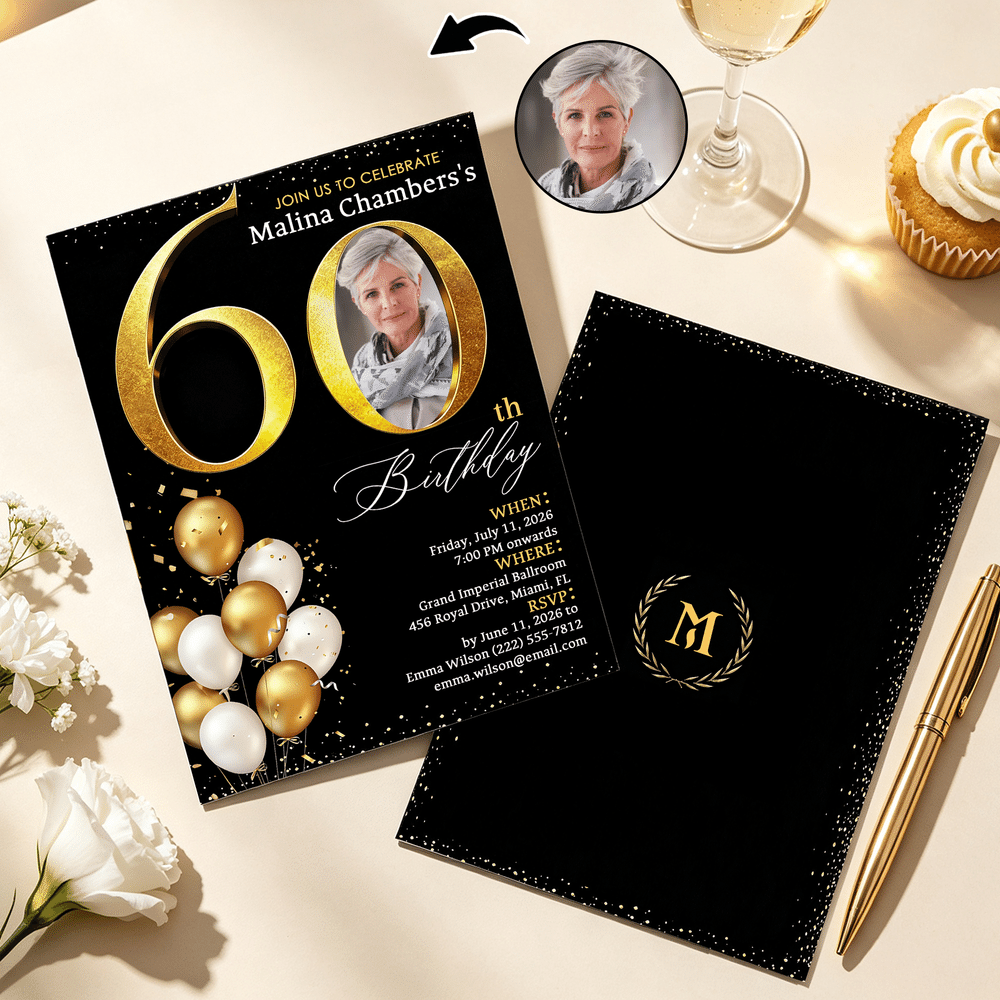 Personalized Golden Balloon Photo Milestone Birthday Party Invitation with Name Initial and Time Birthday Gift for Family Parents 1