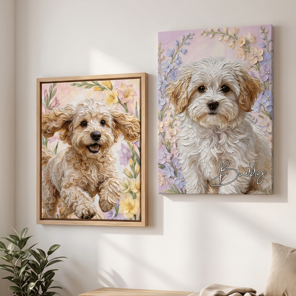 Tablesau sur toile personnalisé représentant votre animal de compagnie, réalisé dans le style d'une peinture à l'huile avec sa fleur de naissance et son nom – Décoration d'intérieur et cadeau d'anniversaire pour les propriétaires d'animaux de compagnie 4