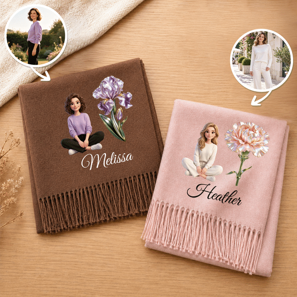 Sciarpa-scialle personalizzata con motivo artistico a effetto 3D, foto, fiore del mese di nascita e morbida nappa, con nome – Accessorio invernale, regalo di Natale o di compleanno per familiari e amici