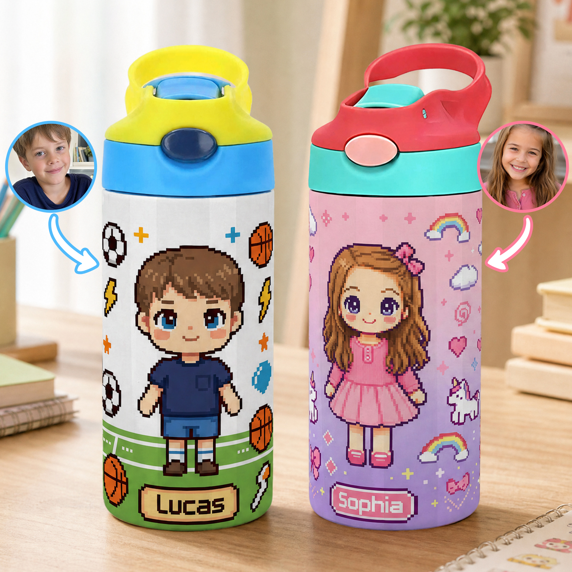 Personalisierte 12-oz-Isolierflasche im Pixel-Art-Stil mit Kinderfoto, Strohhalm und Tragegriff – Geschenk zum Schulanfang, zum Geburtstag oder zu Weihnachten für Jungen und Mädchen