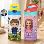 Botella térmica personalizada de 12 oz con foto infantil en estilo pixel art, con pajita y asa. Regalo para la vuelta al cole, cumpleaños o Navidad, para niños y niñas