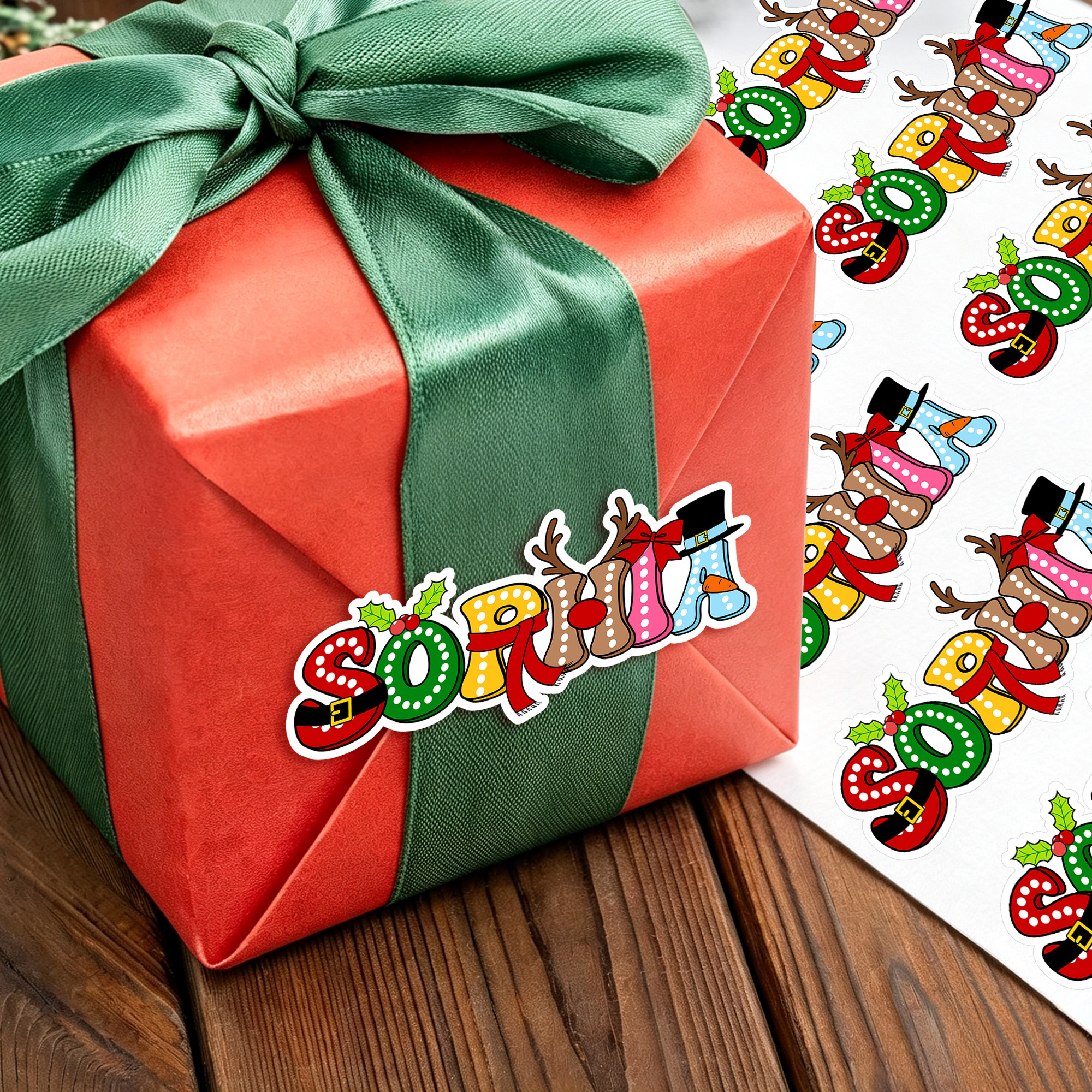 Individuell gestalteter, mehrfarbiger, wasserfester Weihnachtsbuchstaben-Aufkleber mit Namen – Weihnachtsgeschenk für Familie und Freunde