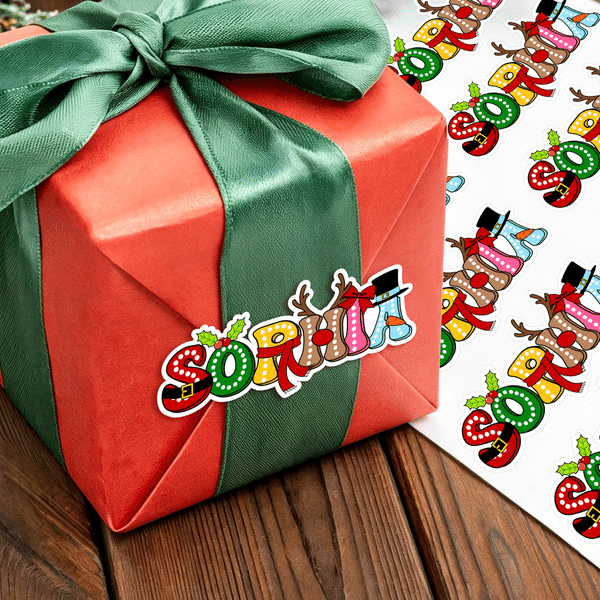 Gepersonaliseerde, veelkleurige, waterbestendige sticker met kerstmotief en letter, met naam – kerstcadeau voor familie en vrienden