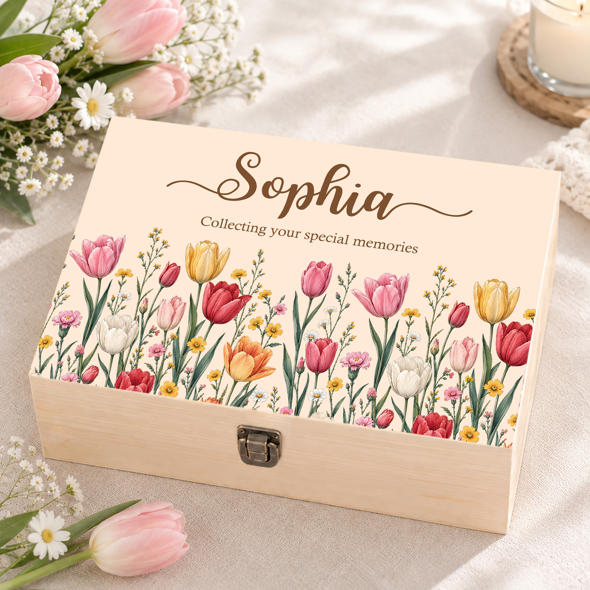 Personalisierte Holz-Aufbewahrungsbox mit Geburtsblume, Namen und Text – Geschenk zum Jahrestag oder Geburtstag für Familie und Freunde