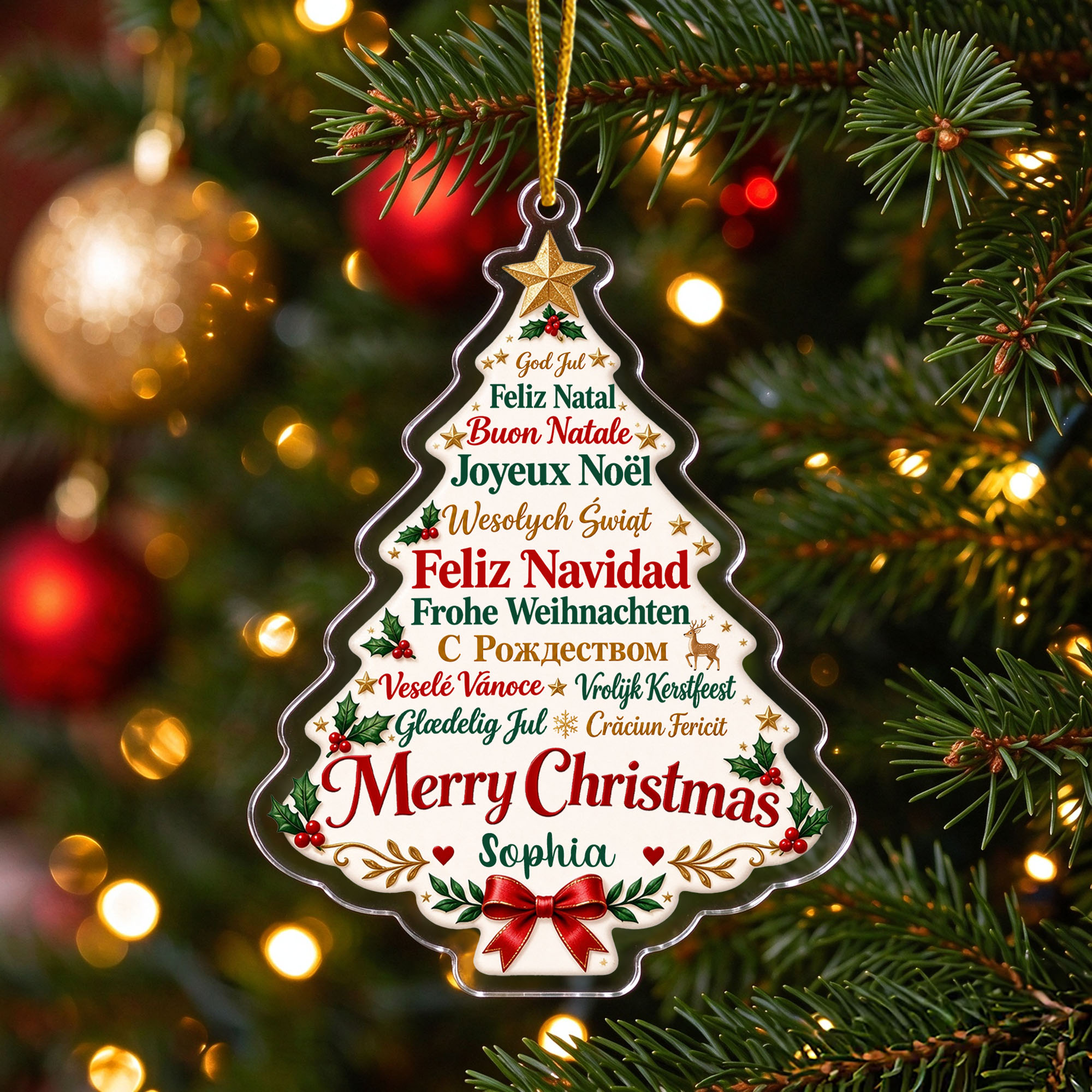 Personalised Christmas Tree Multilingual Merry Christmas Acrylic Ornament with Name Christmas Gift for Family Friends