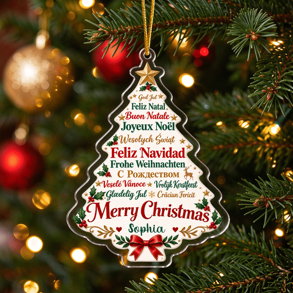 Personalised Christmas Tree Multilingual Merry Christmas Acrylic Ornament with Name Christmas Gift for Family Friends