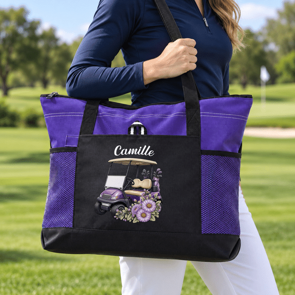Personalisierte Golf-Themen-Tragetasche mit Geburtsblume, großem Fassungsvermögen, Namensaufdruck und Netztaschen – für den täglichen Gebrauch, als Geburtstagsgeschenk für Frauen, die Golf lieben