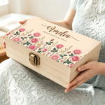Personalised Birth Flower Wooden Memory Storage Box with Name and Text Anniversary Birthday Gift for Family Friends