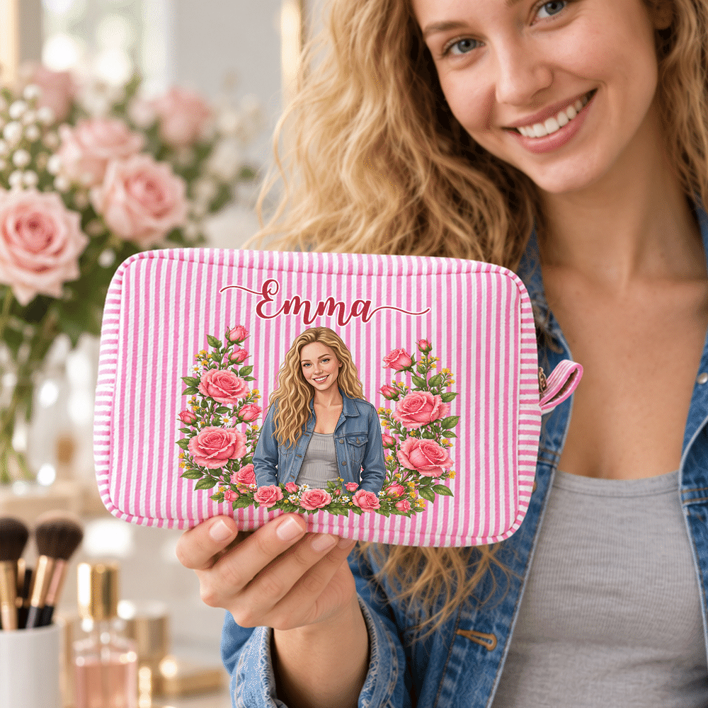Gepersonaliseerde, semi-realistische portret-make-uptas met geboortebloem en veelkleurige strepen, voorzien van naam – geschikt voor dagelijks gebruik, als verjaardags- of huwelijkscadeau voor bruidsmeisjes en vrouwen 4