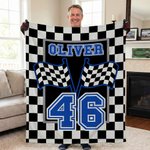 Personalized Checkered Flag Racing Design Soft Throw Blanket with Name and Number Home Decor Father's Day Birthday Gift for Man Racing Enthusiast