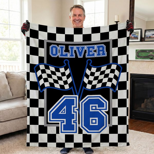 Personalized Checkered Flag Racing Design Soft Throw Blanket with Name and Number Home Decor Father's Day Birthday Gift for Man Racing Enthusiast