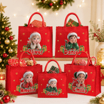 Bolso de yute rojo con diseño personalizado con efecto 3D, temática navideña, personaje de dibujos animados tumbado y foto, con nombre; regalo navideño para la familia y los niños