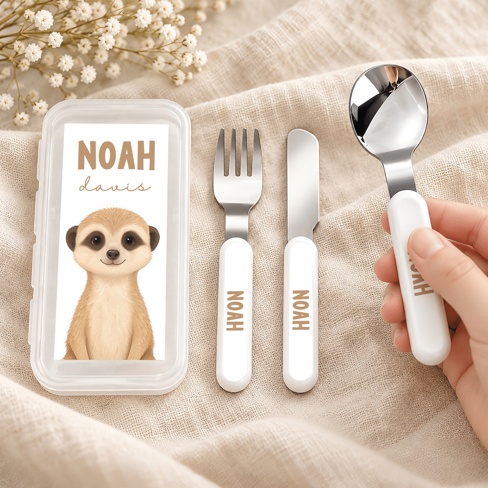 Personalized Cartoon Wild Animal Fork Spoon Knife 3 Pcs Cutlery Set with Name and Case Daily Use Back to School Birthday Christmas Gift for Kids 7