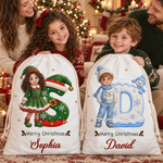 Personalized 3D-Style Art Christmas Cartoon Character Photo Canvas Drawstring Gift Bag with Initial and Name Christmas Gift for Boys Girls