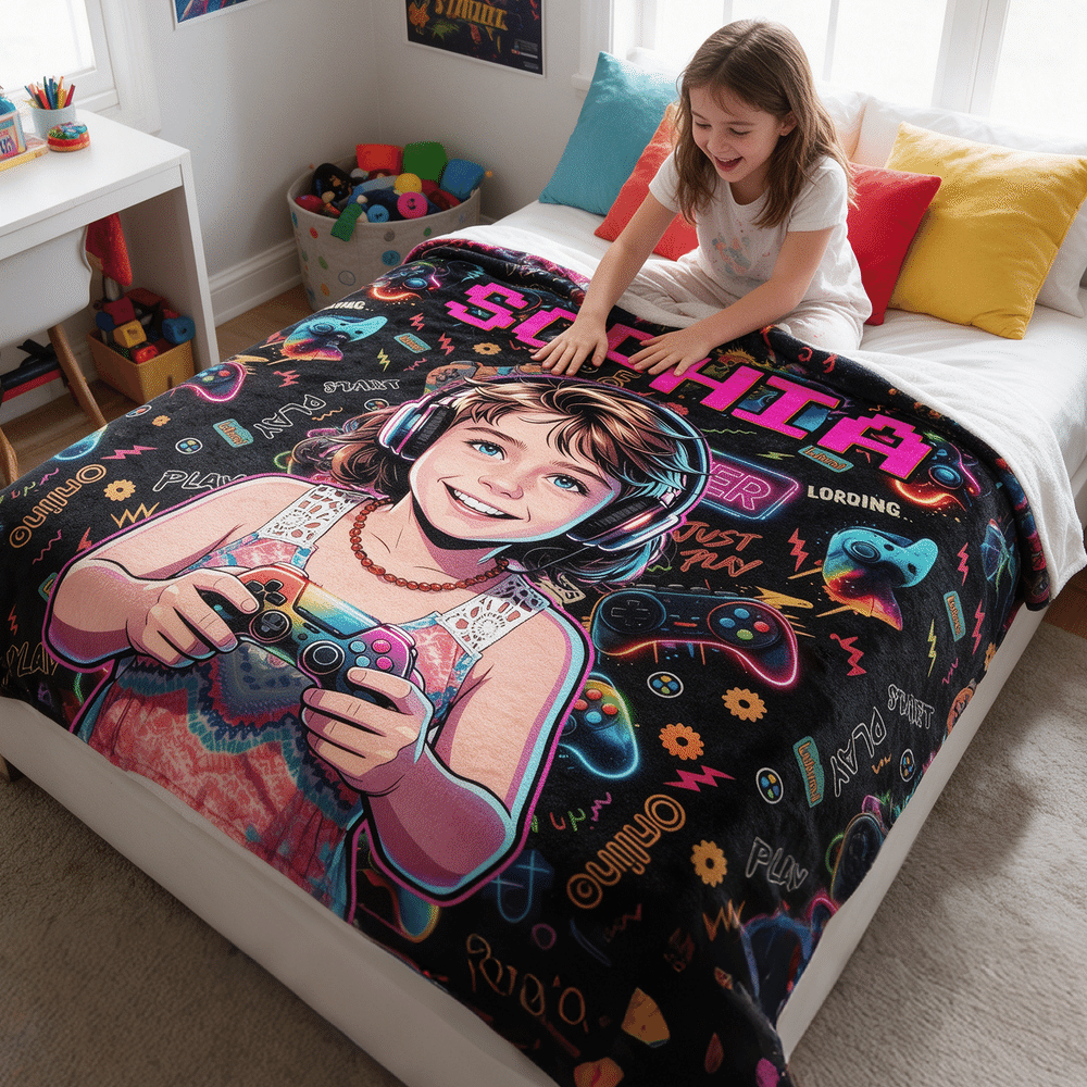 Gepersonaliseerde, zachte plaid met spelconsole-motief, cartoonafbeelding en foto, met naam – woondecoratie, cadeau voor een spelletjesavond of verjaardag voor een gamer, meisje of jongen 4