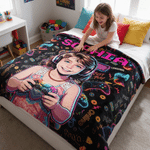Gepersonaliseerde, zachte plaid met spelconsole-motief, cartoonafbeelding en foto, met naam – woondecoratie, cadeau voor een spelletjesavond of verjaardag voor een gamer, meisje of jongen 4