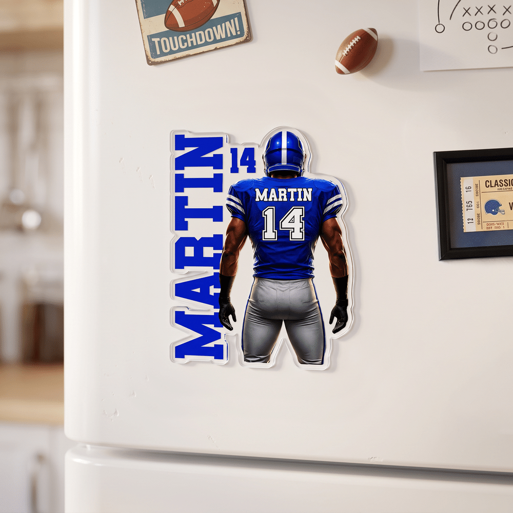 Personalised American Football Player Shirt Acrylic Magnetic Fridge Magnet with Name and Number Home Decor Game Day Birthday Gift for American Football Player Lover 1