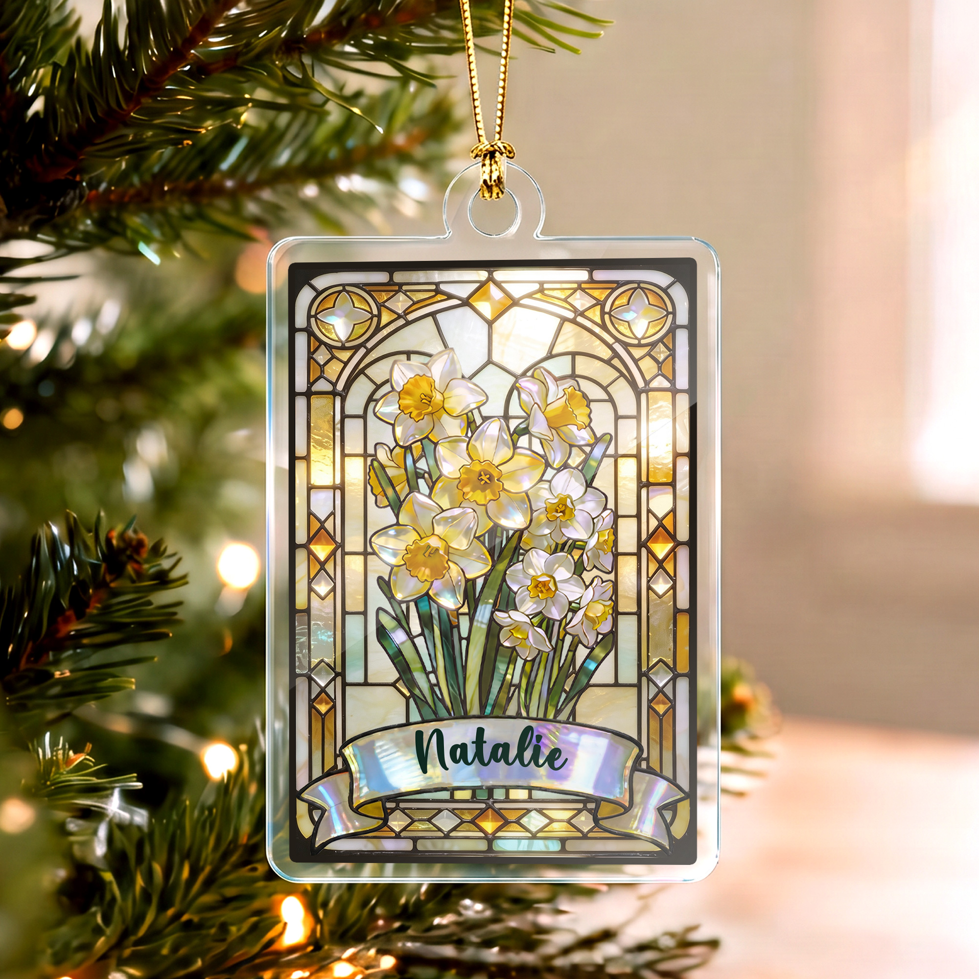 Individuell gestaltetes Acryl-Ornament im Vintage-Stil mit Geburtsblume im Buntglas-Look und Namensbaum – Weihnachtsgeschenk für Kinder, Familie und Freunde