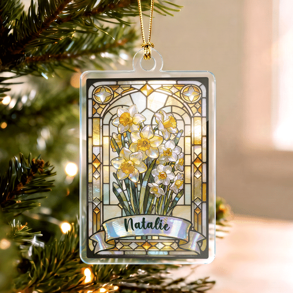 Personalised Vintage Stained Glass Style Birth Flower Acrylic Ornament with Name Tree Decor Christmas Gift for Kids Family Friends