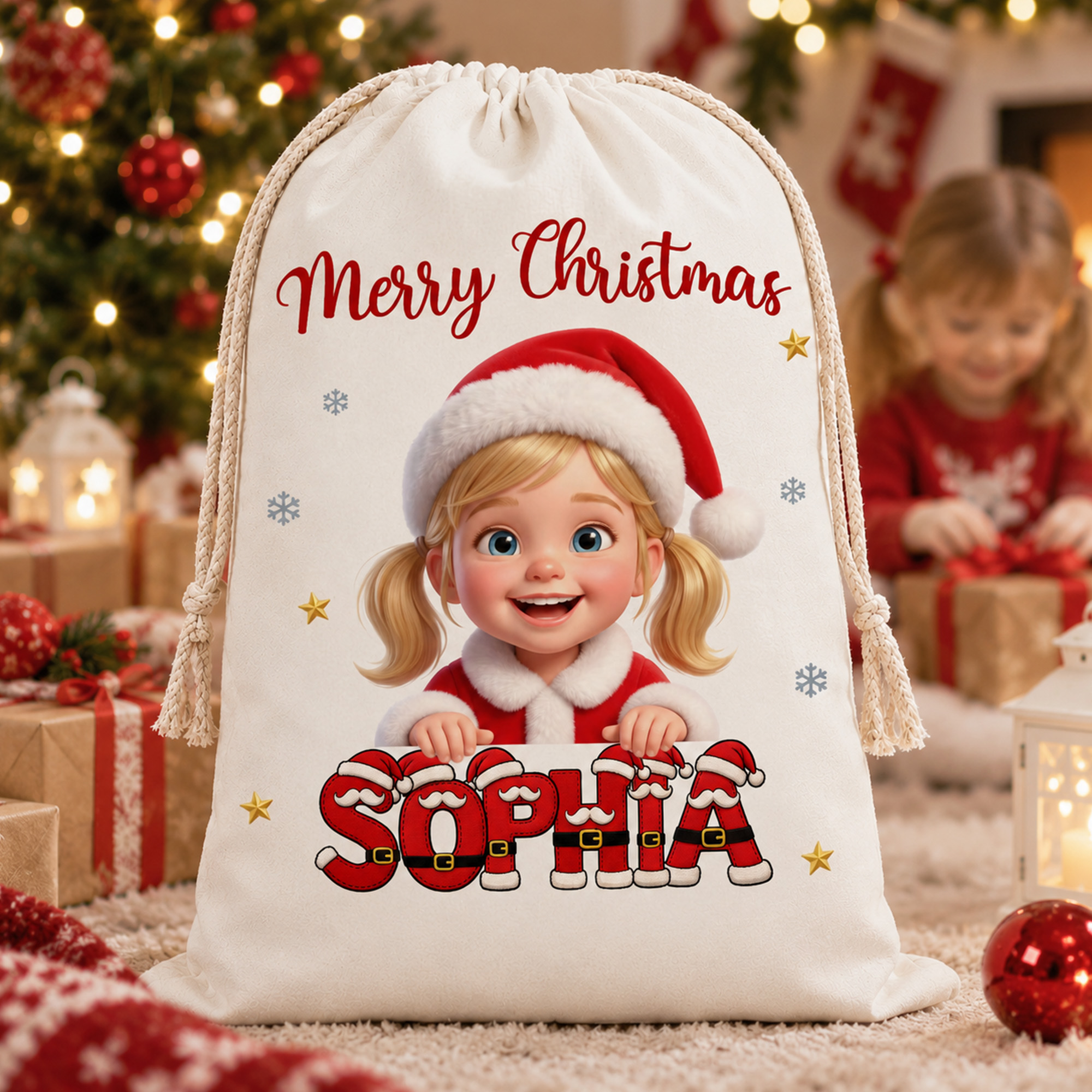 Individuell gestaltete Geschenktüte mit 3D-Effekt, Cartoon-Figur und Foto, mit Kordelzug – Weihnachtsgeschenk für Familie, Kinder und Freunde