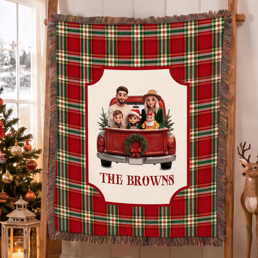 Personalised 3D-Effect Artwork Photo Pickup Lorry Plaid Blanket with Tassels and Family Surname Soft Home Decor Christmas Gift for Family Friend 4